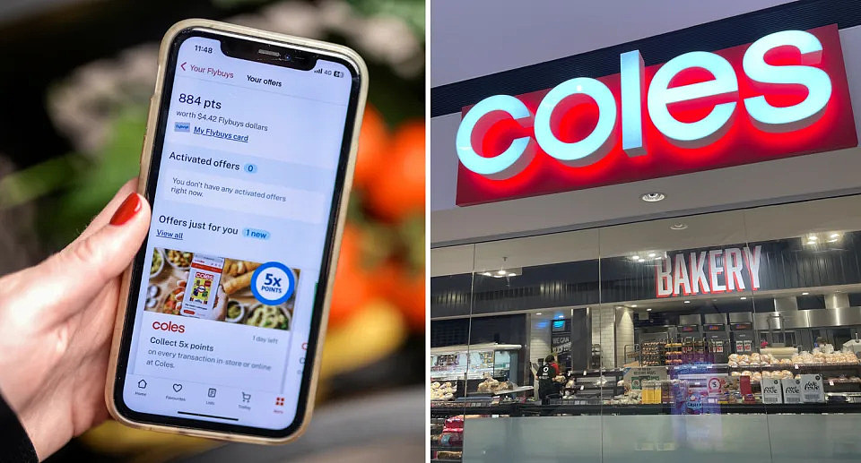 A photo of the Coles app, linked to Flybuys on an iPhone. A photo of the front of a Coles store.