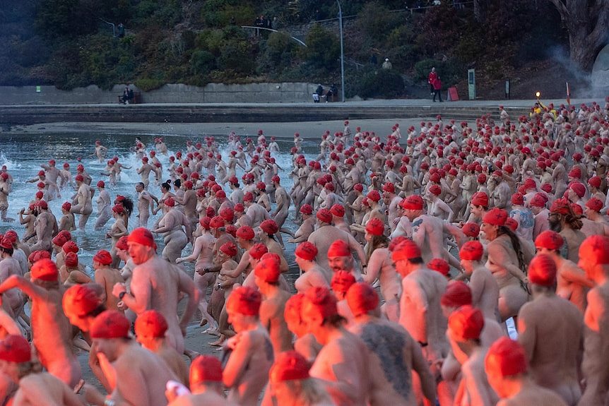 Side on view of a horde of swimmers rushing into water.