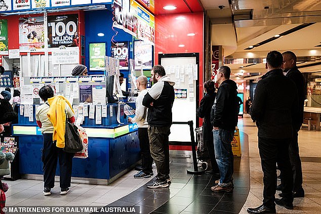 Long snaking queues were seen outside newsagents as it was estimated one in two of all Australian adults bought a ticket for their chance to become overnight multi-millionaires