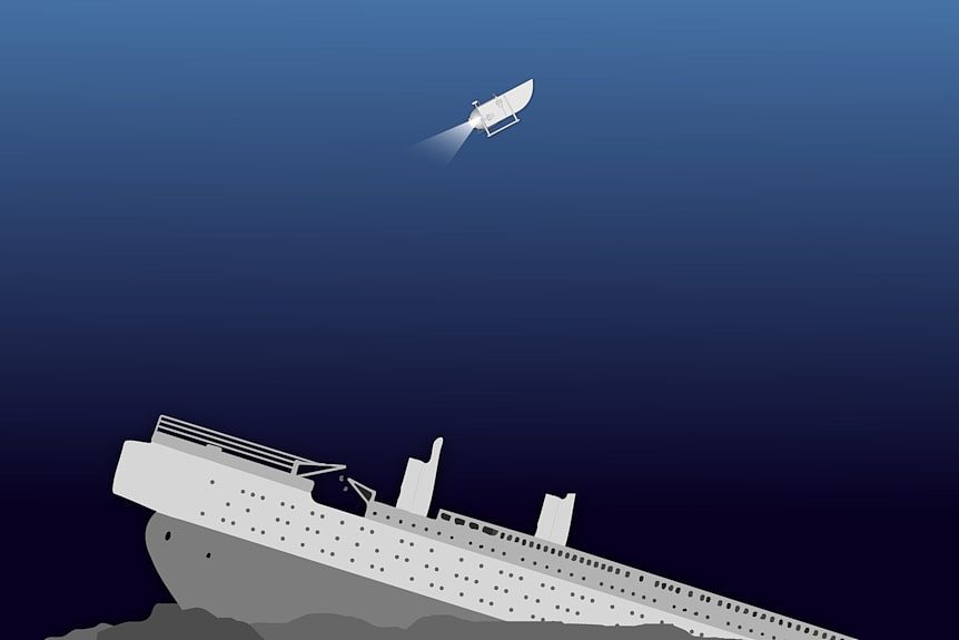 An illustration shows the wreck of the Titanic on the sea floor, and a small submersible, the Titan, in the depths of the ocean.
