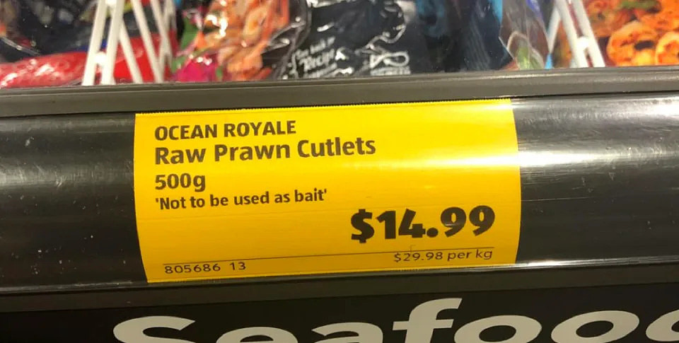 Aldi prawn cutlets price tag with warning not to use as bait