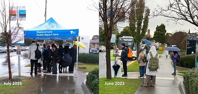 Comparison of Bentleigh rail replacement bus stop, 2016 (including shelter) vs 2023 (no shelter).