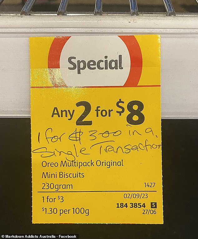 A Coles shopper noticed an error on a discount tag. Multipacks of Oreo Mini Biscuits were priced $8 for two. Upon closer inspection the customer pointed out the product was $3 each in a single transaction and wrote on the label (pictured)