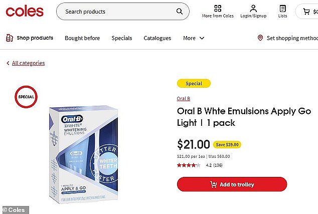 目前该产品在 Coles 的售价从 60 美元降至 21 美元（如图）。 在 Chemist Warehouse 的售价为 44.99 美元。 价格比较让其他人质疑The Reject Shop如何能够以如此低的价格出售物品