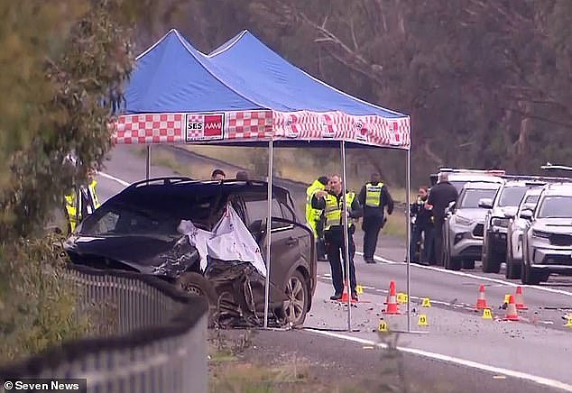 A teenage girl has died after the stolen car she was in collided with a truck on the Hume Highway in rural Victoria on Wednesday morning (pictured, police at the crash site)