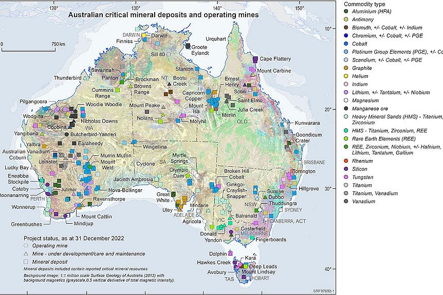 A map showing the critical mineral deposits and projects across Australia. 