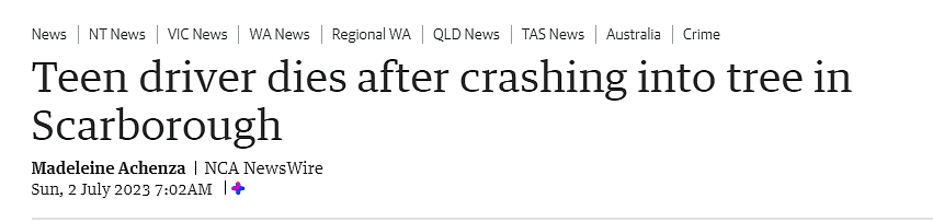 西澳致命车祸，汽车失控撞上树，19岁司机伤重死亡（图） - 1