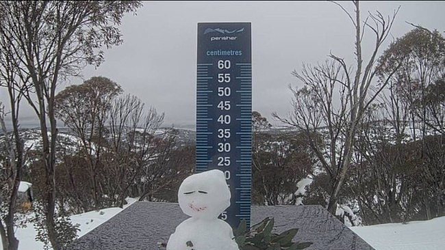 On Tuesday, the team at Perisher built a very sad-looking snowman on their snow stake webcam. Picture: Perisher Ski Resort