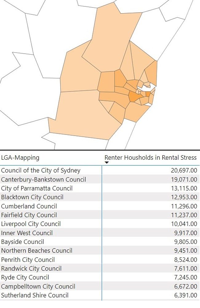 面临租金压力的家庭数量最多的地方政府行政区。 图片：提供/新南威尔士州无家可归者
