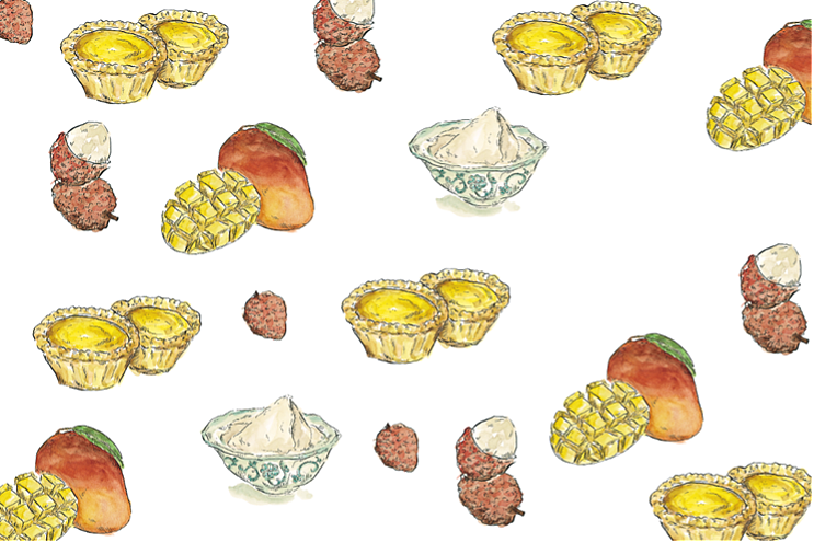Illustrations of desserts from cookbook Chinese-ish including mango, lychee, egg tart, drawn by Joanna Hu.