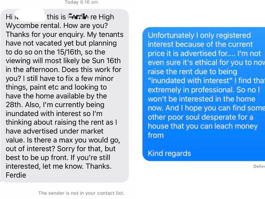 房东（左）和潜在租户（右）之间交换的短信。 图片：Facebook / 不要租我