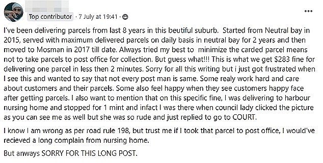 Umair Khan has taken to the Mosman Living Facebook page, which details life in the north shore Sydney suburb of the same name, to complain about a $283 fine (pictured)