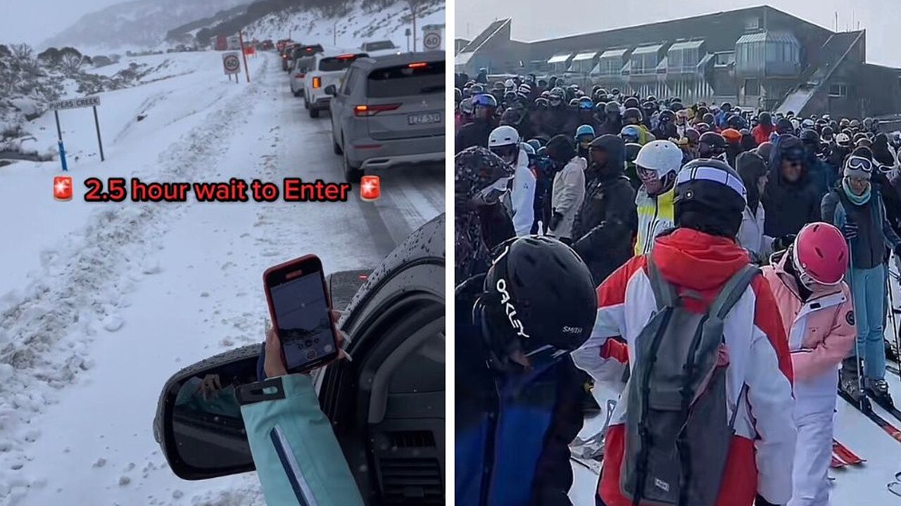 Perisher is packed with people causing huge queues. Pictures: TikTok / @truongiex and @lillypousderkos