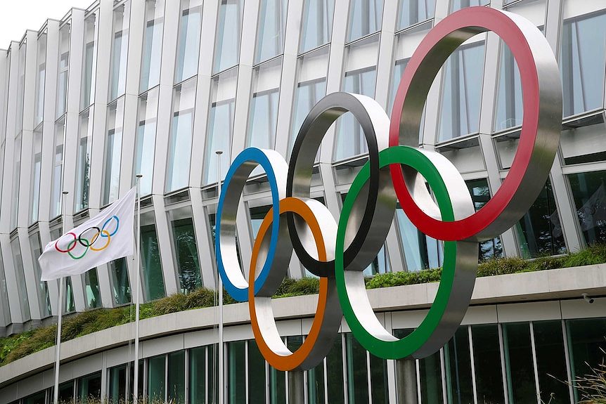 The Olympic rings pictured in front of the IOC headquarters in Lausanne, Switzerland.