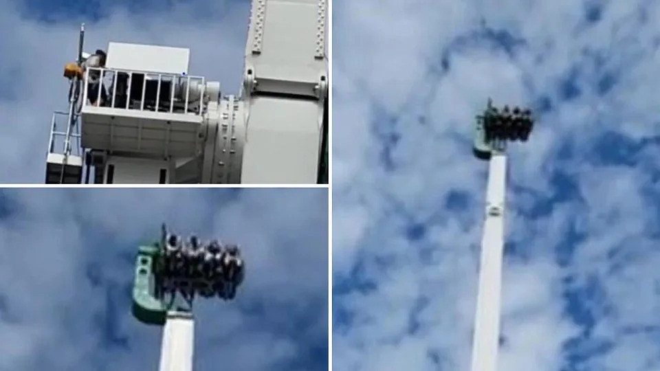 A terrifying malfunction at a popular amusement park which left riders stuck in the air has been caught on video. Picture: Tik Tok