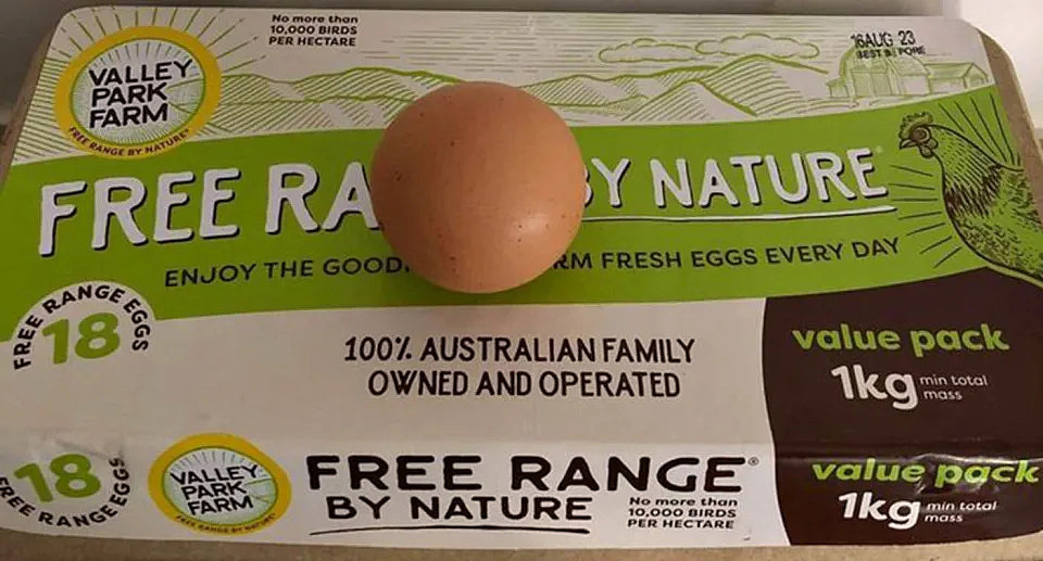 The round egg sits on top of the Valley Park Farm carton.