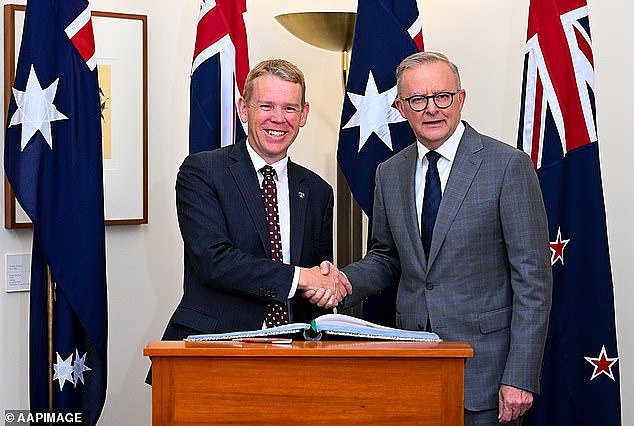 It comes as Prime Minister Anthony Albanese is set to discuss the proposals when he meets with his New Zealand counterpart Chris Hipkins (pictured, together earlier this year) on Wednesday