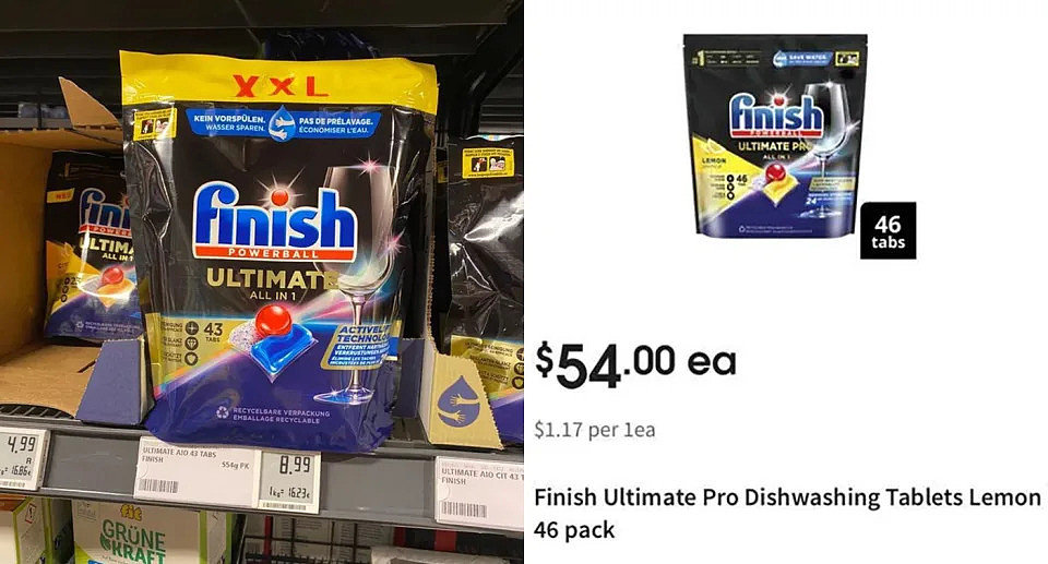 Finish dishwashing tablets on supermarket shelf; Finish dishwashing tablets on Woolworths website