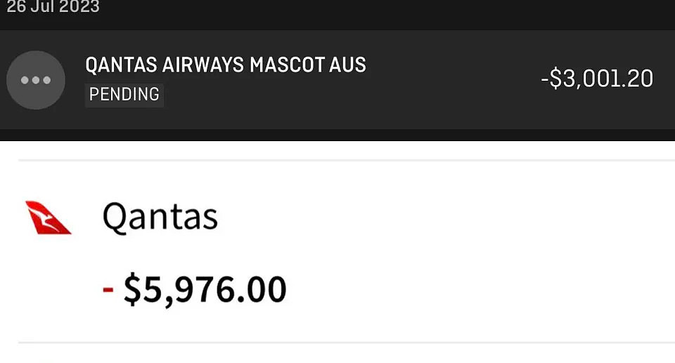 Two bank transactions, one for $3,001.20 and the other $5,976.00 both stated against Qantas.  