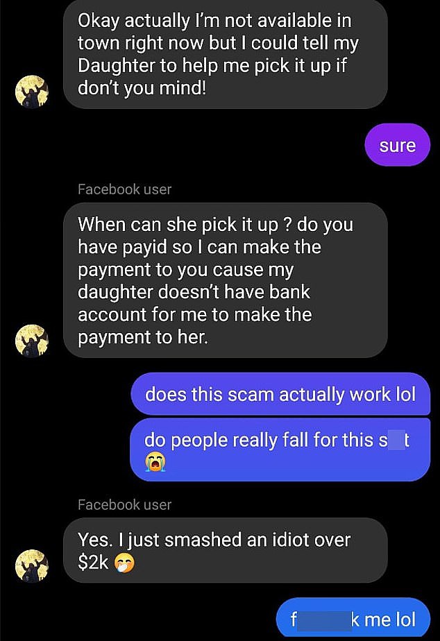 In this case, the person marked out to be ripped off didn't fall for the crime, but strung the scammer along for a while anyway. Their online conversation is pictured