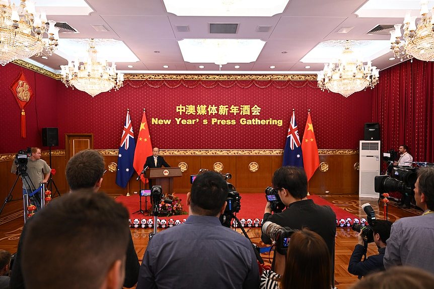 Chinese Ambassador to Australia Xiao Qian addresses the media during the New Year’s Press Gathering at the Chinese Embassy