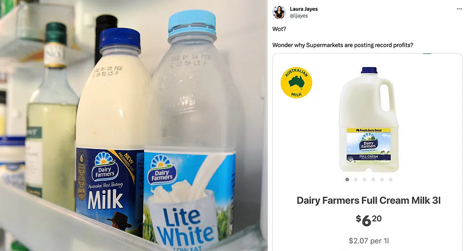 Milk in fridge; Laura Jaye's tweet the price of Dairy Farmers 3L Full Cream Milk at Woolworths