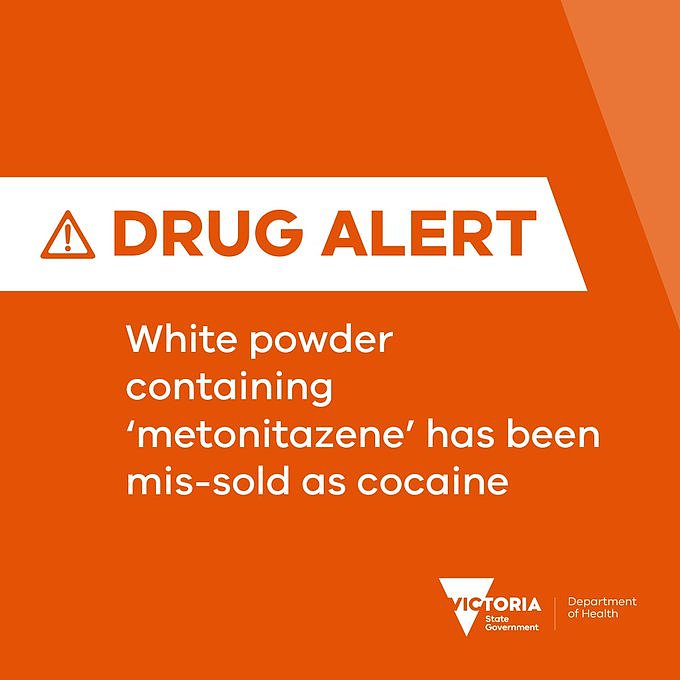 An orange graphic. Text: Drug Advice. White powder containing the potent opioid ‘metonitazene’ has been mis-sold as cocaine.
