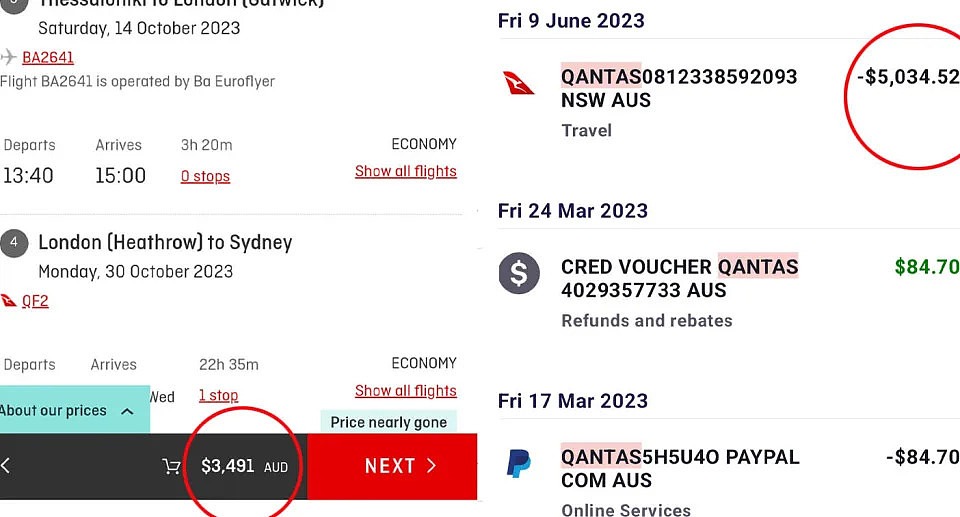 Qantas airfare price booking online.