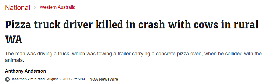 西澳农村发生车祸，牛车相撞，车辆多次翻滚，司机不幸身亡（图） - 1