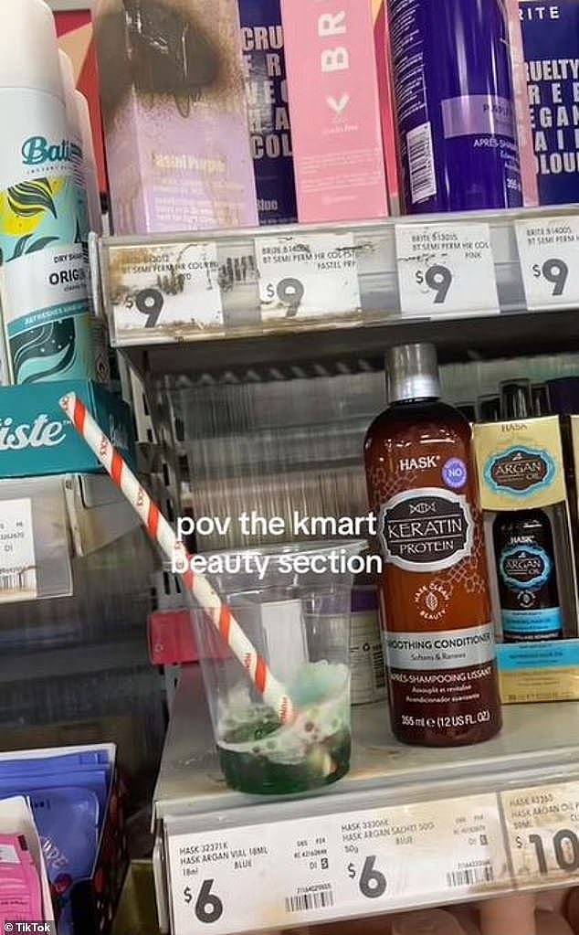 A customer was shocked at the filthy state of the beauty section at her local Kmart. In a video there was an unfinished drink in a plastic cup, dirty labels, and damaged packaging