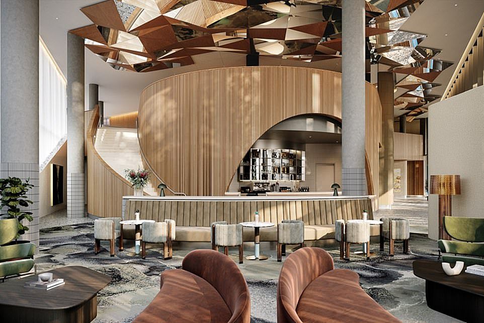 Guests can lounge in the lobby bar (pictured) which offers a cafe style experience in the day and a lounge bar style venue at night with the Blue Mountains as a backdrop