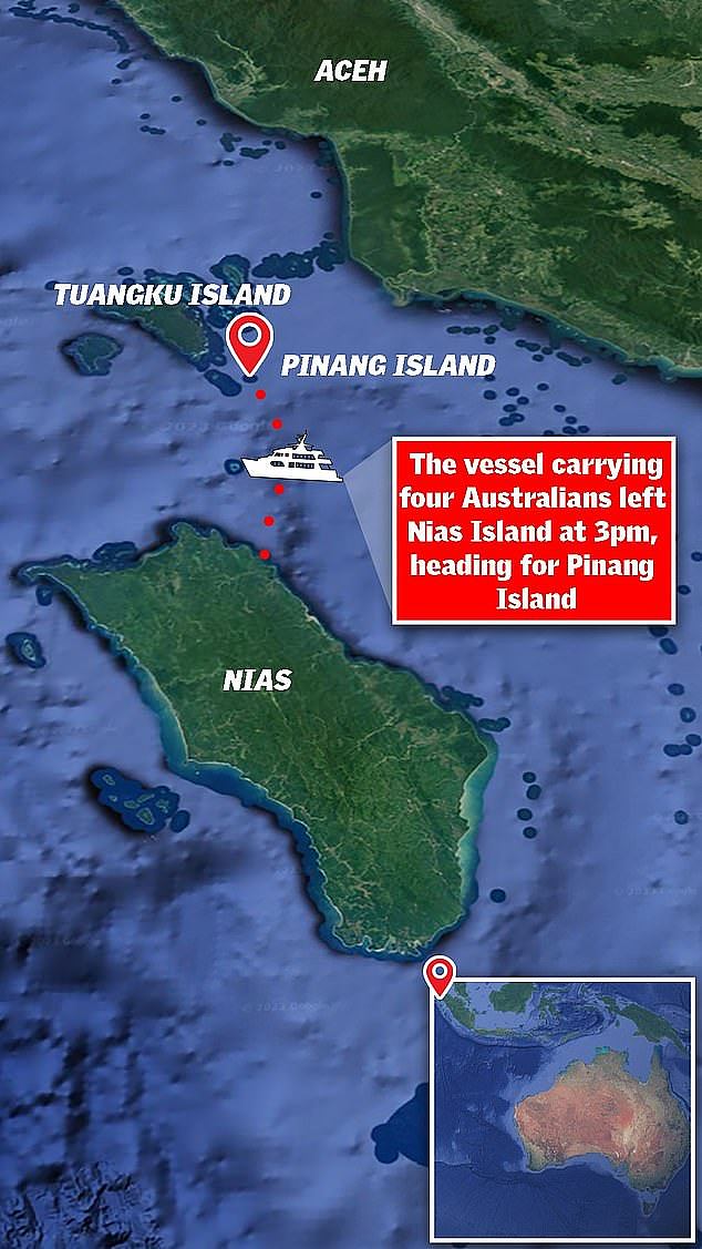 Grave fears are being held for Four Australians who have gone missing on a charter boat off between Nias Island and the Pinang Surf Resort, on Pinang Island