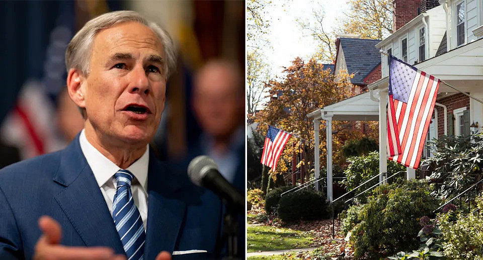 Texas Governor Greg Abbott  with American flags hanging from houses