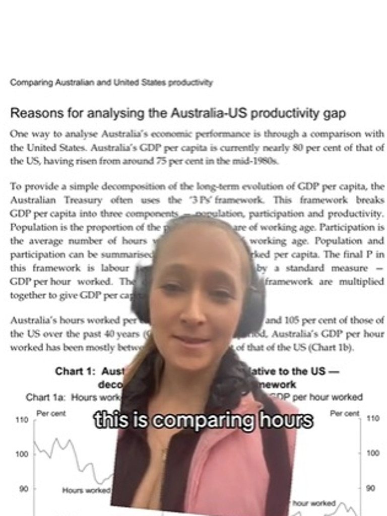 She pulled up a report that analysed the productivity of Australian workers compared to those in the US – and was shocked by the result. Picture: TikTok/brooke.alison.laven
