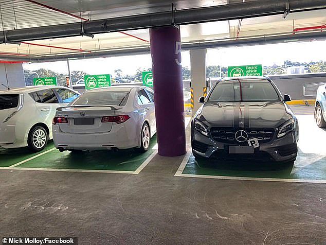 EV-owners have even dubbed drivers who deliberately block public parking spaces that are equipped with charging ports as 'ICE-holes'. 'ICE' refers to cars that require fuel to run and have an internal combustion engine (pictured, petrol cars parking in designated EV spaces)
