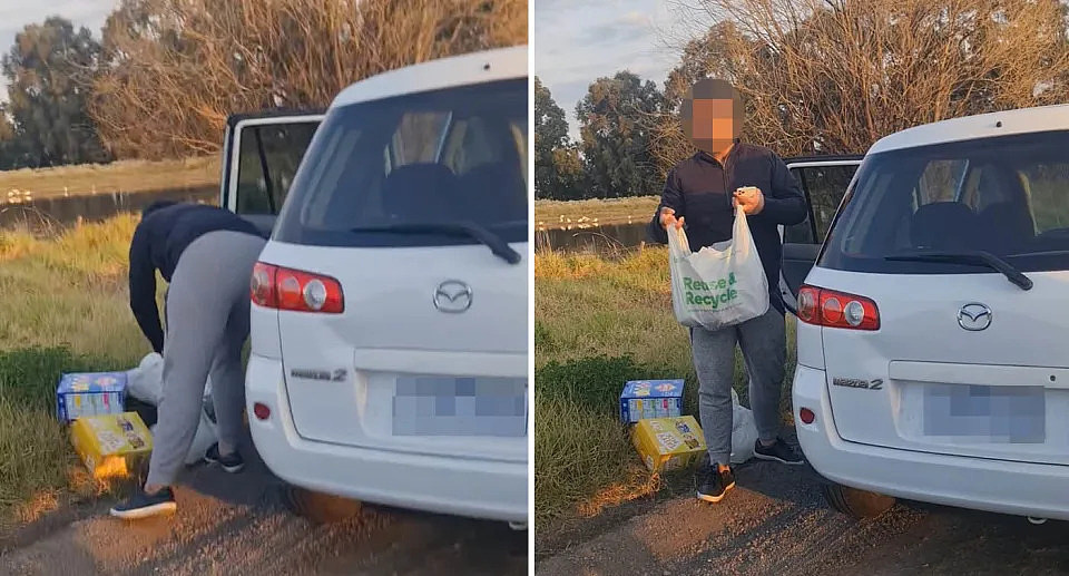 A photo of the delivery driver picking up the items, including two Woolworths bags, from the side of the road in Wyndham Vale, Melbourne. A photo of him facing the camera and holding one of the bags. 