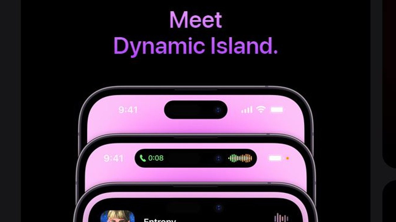 The iPhone 14 Pro range's Dynamic Island will roll out as standard on the iPhone 15. Picture: Apple.