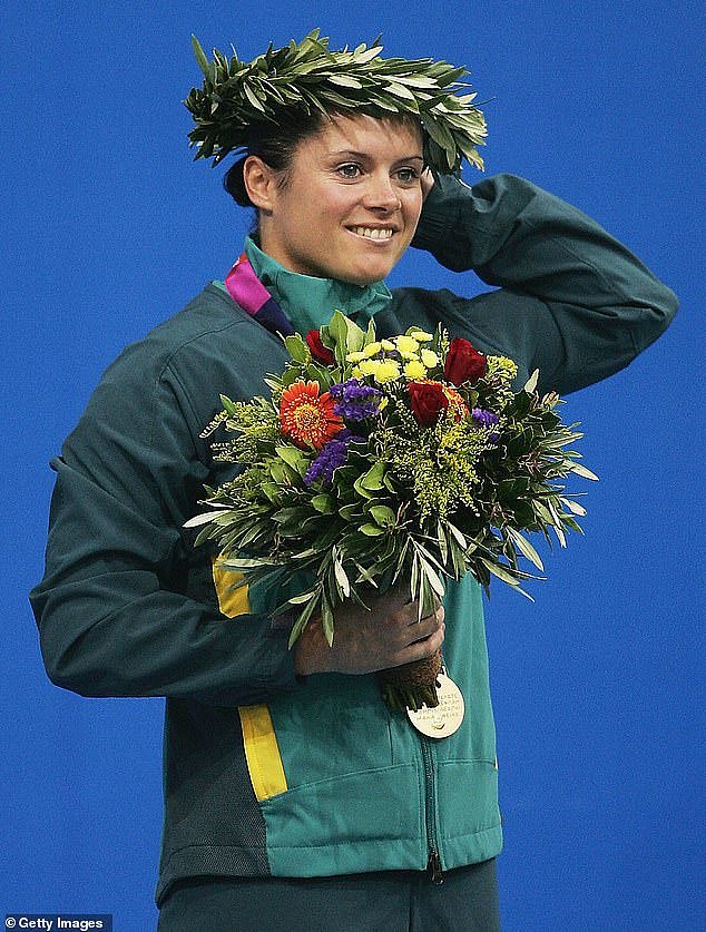 Chantelle Newbery on the dais after winning gold at the 2004 Olympics in Athens - at the height of her career