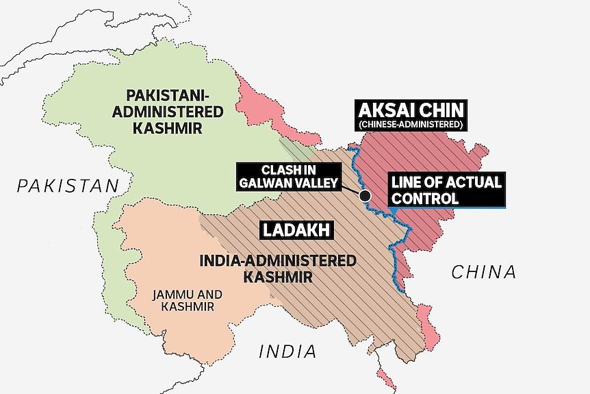 A custom map outlines the political boundaries between India, China and Pakistan