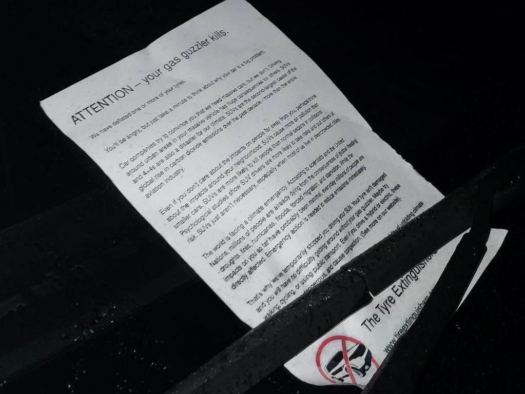 Flyers were left on windscreens. Picture: Tyre Extinguishers