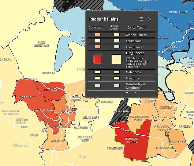 Residents in Redbank Plains are diagnosed with lung cancer at 47 per cent above the Australian average, according to the Australian Cancer Atlas (pictured)