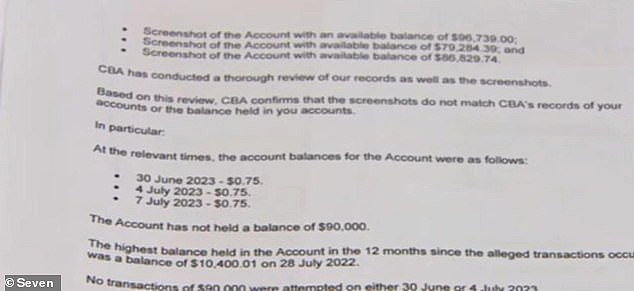 A spokesman for Commonwealth Bank (CBA) said it had investigated the claims and had since told Mr Murphy that the receipt numbers he provided 'do not exist in CBA records'