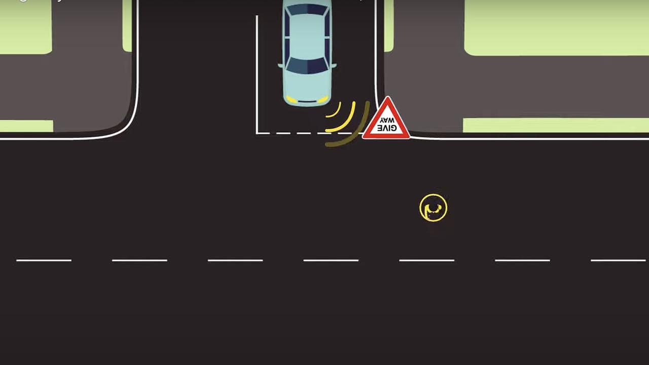 “When turning at an intersection, give way to any pedestrians who are crossing or about to cross the road you are entering,” the video explained. Picture: YouTube.