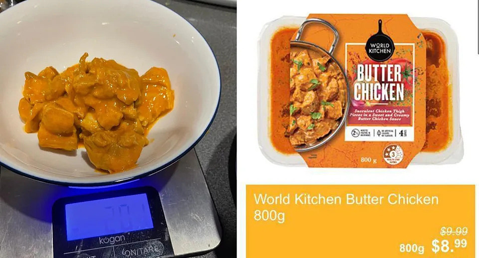 Left, the chicken is on the scales with a weight of 201 grams. Right, the Aldi product can be seen on their website. 