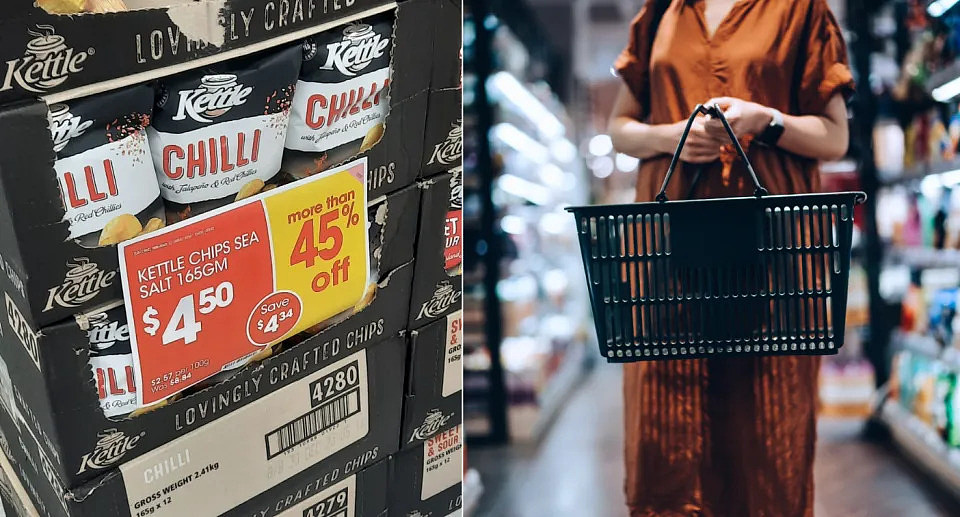 Kettle chips on sale at IGA supermarket; Supermarket customer with shopping basket