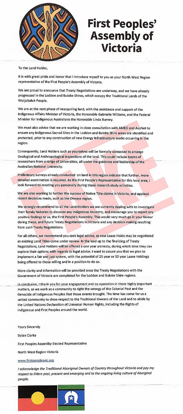 The fake letter (pictured) has since been referred to the Victorian Police, who are now looking into the matter