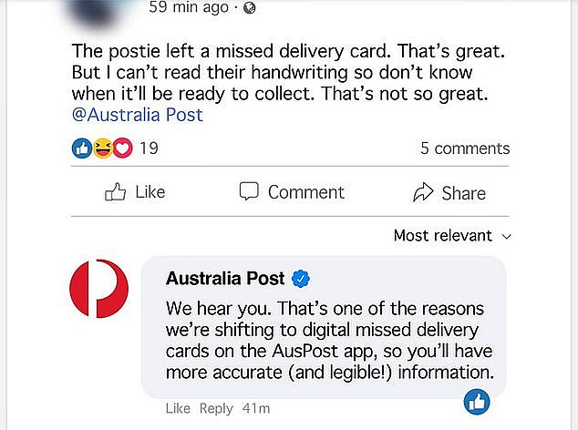 Australia Post is going to start using digital missed delivery cards, as revealed on a Reddit post (pictured)