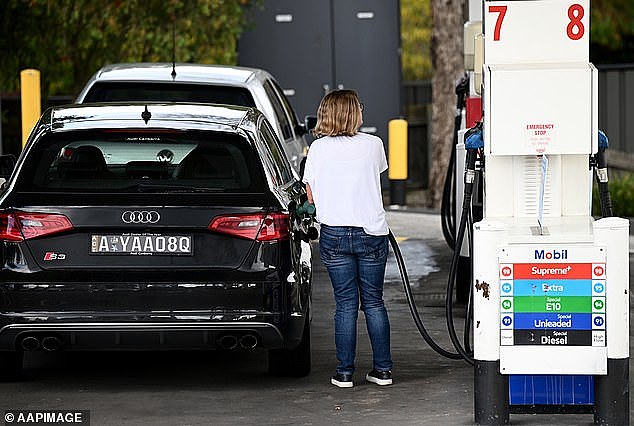 The price of a litre of regular unleaded ballooned to $2.20 in the Harbour City on Thursday, breaking a previous record of $2.18 in June last year (pictured, a woman fills up in Sydney)