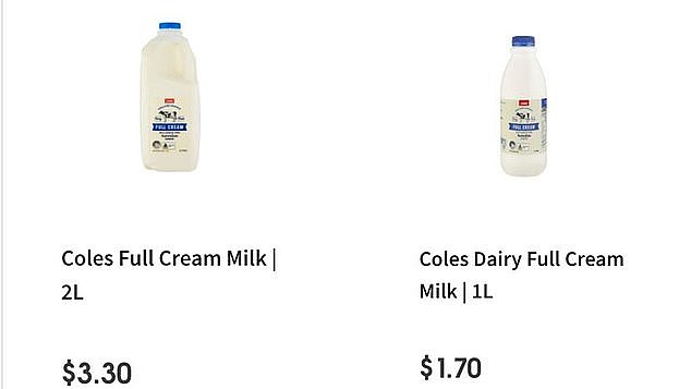 The one and two-litre Coles milk options have also seen a price hike of 10 cents per litre.