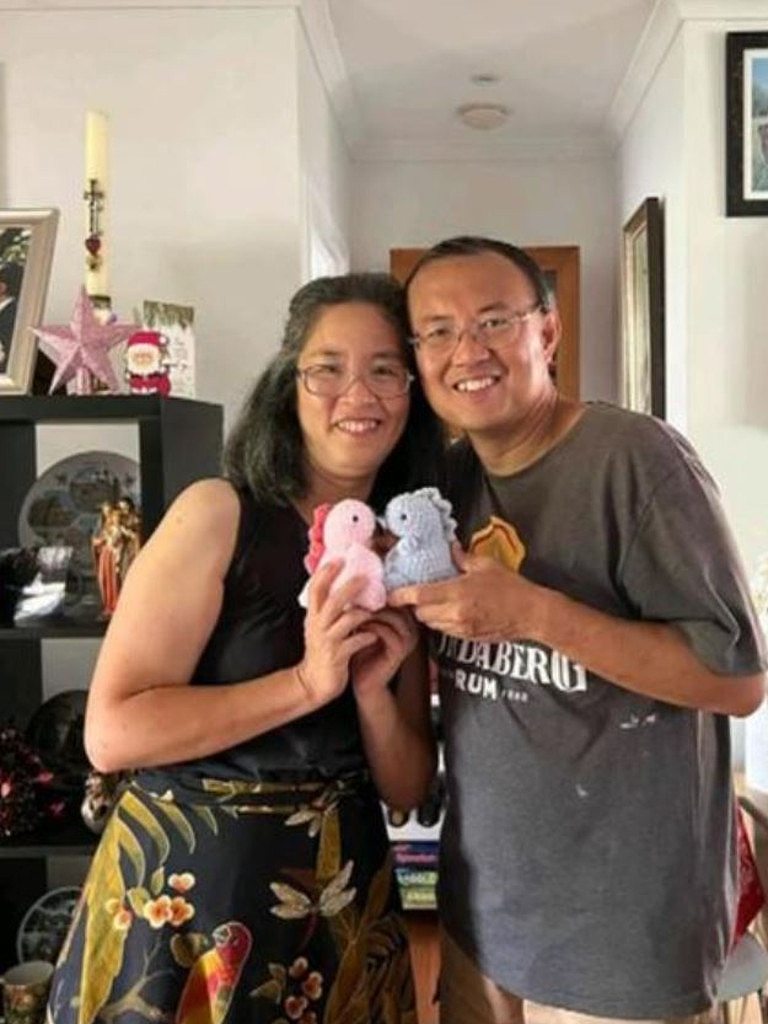 Ms Tan (pictured with her partner Bernard Wee) was trapped in her Nissan Micra after it was struck by an allegedly stolen Mercedes hatchback. Picture: Supplied / Channel 7